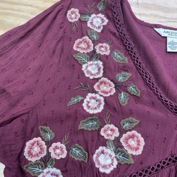 Arizona Babydoll Tunic Top Embroidered Burgundy Size Large Boho Peasant Y2K - Picture 6 of 10